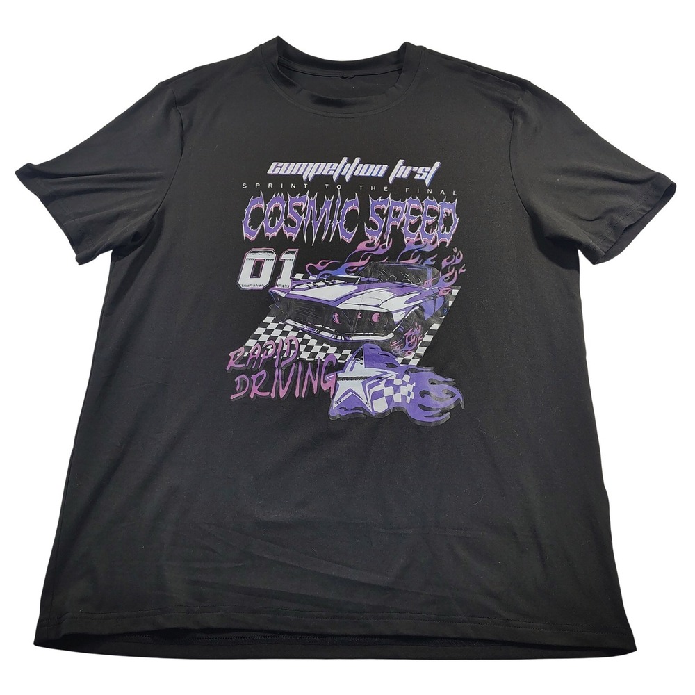 Cosmic Speed Mens Graphic T Shirt Racing Car Print Short Sleeve M black purple